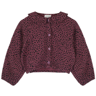Voorzijde van de Jenest Polly blouse in LT Cherry Bordeaux met zwarte panterprint.