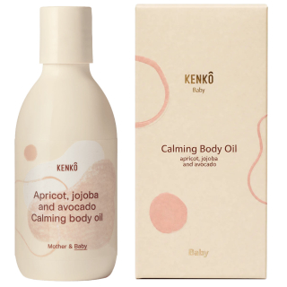 Crèmekleurige fles Kenkô Baby - Body Oil met abrikoos, jojoba en avocado naast de bijpassende verpakking op een witte achtergrond.