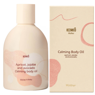 Crèmekleurige fles Kenkô Mama - Body Oil met abrikoos, jojoba en avocado naast de bijpassende verpakking op een witte achtergrond.