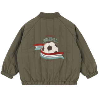 Konges Slojd Juno Bomber Jacket Kalamata voetbal gezien vanaf de achterkant met grote geborduurde voetbal print op de rug.