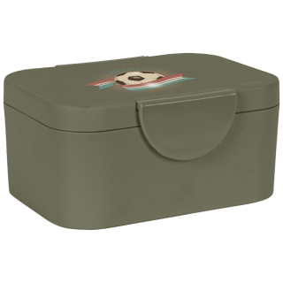 Vooraanzicht van de Konges Slojd Lunch Box Green Kick It in de kleur Green met de sportieve Kick It voetbalprint op het deksel.