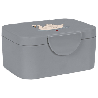 Konges Slojd broodtrommel Swan Blue in de kleur Blue met swan print, vooraanzicht van de gesloten broodtrommel.
