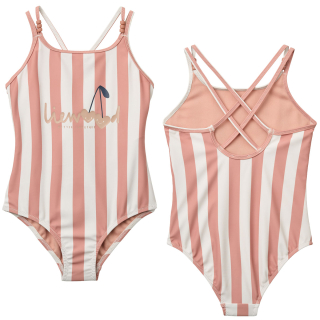 Liewood Suna Stripe Swimsuit roze/creme gestreept badpak met kers en gekruiste bandjes voor meisjes
