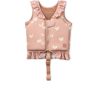 Liewood Dove swim vest w frill roze hartjes met ruches en ritssluiting aan de voorkant