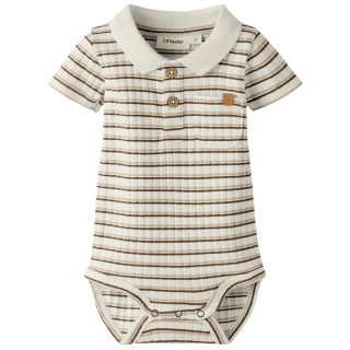 lil atelier baby romper creme/bruin strepen met kraag korte mouw babykleding