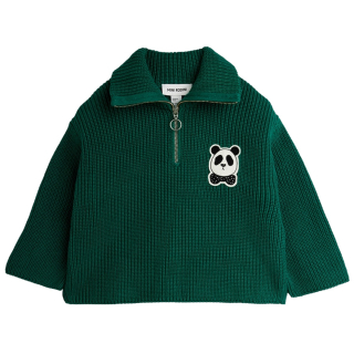 Mini Rodini gebreide panda trui groen met opengeslagen hoge kraag