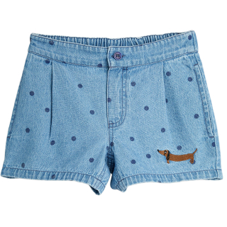 Mini Rodini Korte Broek Blauw Stippen Hondje met knoopsluiting en comfortabele pasvorm voor kinderen.