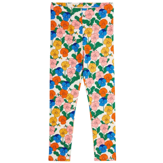 Mini Rodini Violas AOP Leggings in de kleur Multi met een all-over print van gele, blauwe, roze en oranje viooltjes.