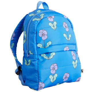 Mini Rodini Violas AOP Padded Backpack in Blue met all-over bloemenprint, voorvak en weerbestendige ritssluiting.