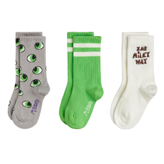 Mini Rodini sok 3-pack met grijze ogenprint, groene strepen en crème The Milky Way sokken
