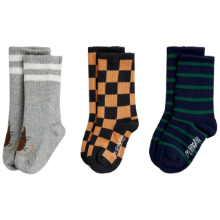 Mini Rodini Sokken 3-Pack Schaakpatroon Grijs Blauw