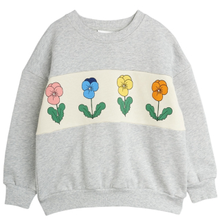 Gemeleerd grijze Mini Rodini Violas Panel Sweatshirt met een crèmekleurig paneel en vier kleurrijke bloemen op de voorkant.