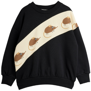 Mini Rodini Sweater Spitsmuis Zwart met creme diagonale baan en bruine spitsmuizenprint.