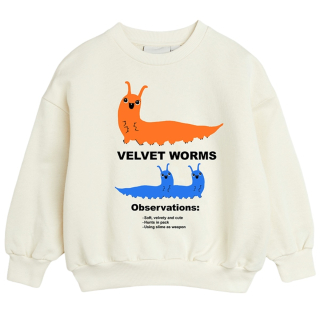 Mini Rodini Velvet Worms Observations SP Sweatshirt in Off-white met een grote oranje en blauwe Velvet Worms-print op de voorkant.
