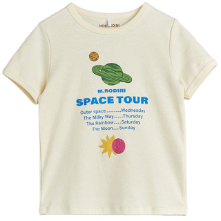 Mini Rodini kinder T shirt Space Tour crème kleur met korte mouwen en speelse print voor jongens en meisjes