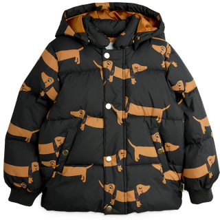 Mini Rodini Winterjas Dog zwart bruin met hondenprint en afneembare capuchon