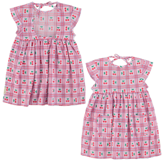 Piupiuchick jurk roze met rood ruitpatroon en all-over kersenprint