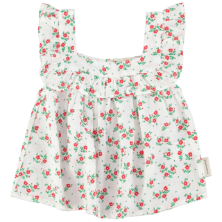 Piupiuchick top crème met all-over rood bloemenprint op witte achtergrond
