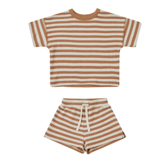 Quincy Mae Set T-Shirt Korte Broek Creme/Bruin Strepenprint