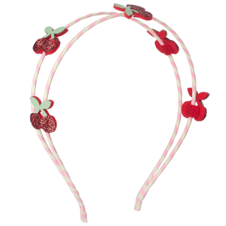 Rockahula Cherry Kiss Double haarband in roze en creme met rode glitterkersen en groene blaadjes.