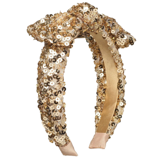 Rockahula Bedazzle Sequin Bow haarband in goud met pailletten en een grote strik.