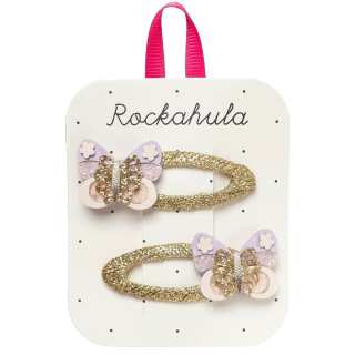 Rockahula Fairytale Butterfly haarclipjes met paarse vlinders op een goudkleurige basis.
