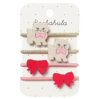 Set van 4 Rockahula Cute Kitten haarelastiekjes in goud en roze met fluwelen katjes en rode strikken.