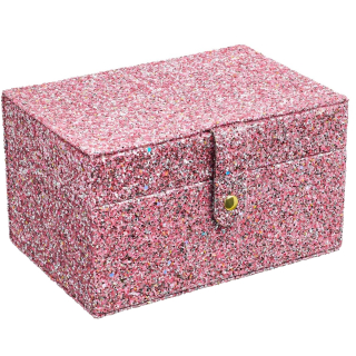 Roze Rockahula Confetti Glitter sieradendoos groot model met glanzende afwerking en drukknoop.