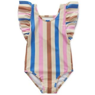 Sproet & Sprout badpak met bruin roze blauwe strepen en ruffle schouders voor meisjes