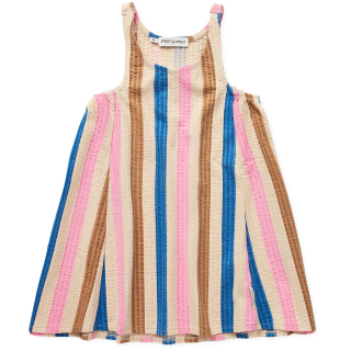 Sproet & Sprout jurk met verticale strepen in bruin roze en blauw