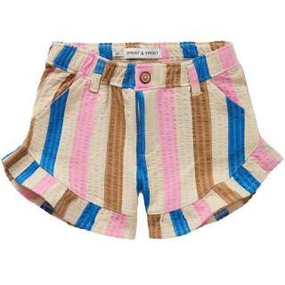 Sproet & Sprout korte broek voor kinderen met bruin roze blauw strepen en speelse ruffle details.