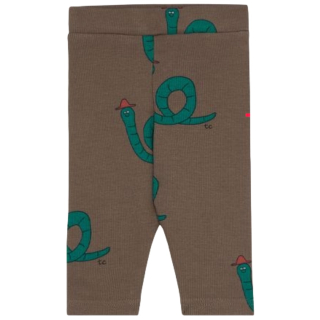 Voorkant van de The Campamento Snakes Baby Leggings in bruin met speelse groene slangenprint van zachte ribstof voor baby's en peuters.