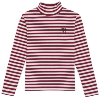 Voorkant van de The Campamento Burgundy Stripes Turtle Neck Tshirt in beige en rood met horizontale strepen, hoge col en subtiel borstlogo voor meisjes.