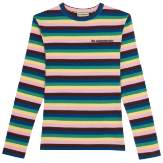 Voorkant van de The Campamento Multicolor Stripes Tshirt met kleurrijke strepen, ronde hals en lange mouwen in zachte ribkwaliteit voor meisjes.