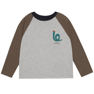 Voorkant van de The Campamento Gentleman Color Block Tshirt in grijs en bruin met colorblock design en elegante slangenprint op de borst voor jongens.