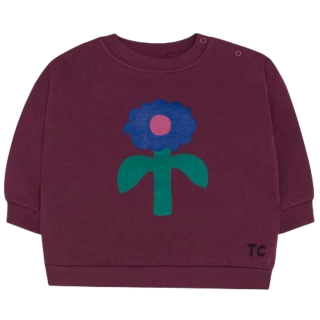 Voorkant van de The Campamento Big Blue Daisy Baby Sweatshirt in burgundy met een grote blauwe bloemenprint en comfortabele oversized pasvorm voor baby's en peuters.