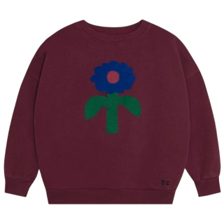 Voorkant van de The Campamento Big Blue Daisy Sweatshirt in burgundy met een grote blauwe bloemenprint op de borst.
