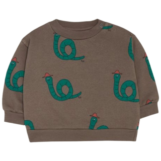 Voorkant van de The Campamento Snakes Baby Sweatshirt in bruin met speelse groene slangenprint en comfortabele oversized pasvorm voor baby's en peuters.