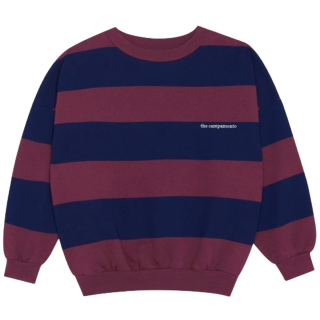 Voorkant van de The Campamento Blue Stripes Sweatshirt voor jongens met brede blauwe en rode strepen, zachte fleece en een comfortabele oversized pasvorm.