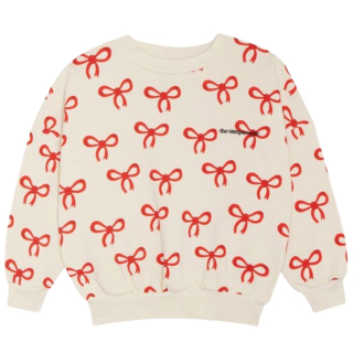 Voorkant van de The Campamento Big Bows Sweatshirt in ecru met een all-over rode strikkenprint voor meisjes.
