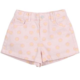 The New Society korte broek roze met smiley print van katoen, detail van voorzijde met knoop, ritssluiting en steekzak