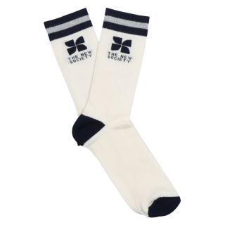 The New Society sokken in crème met blauwe strepen, ribstructuur, logo op de schacht en comfortabele katoenmix