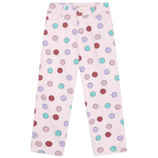 The New Society Smiley Denim Trouser roze meisjesbroek met kleurrijke smiley print
