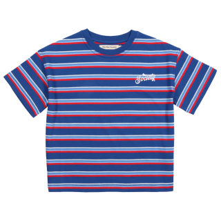 The New Society T-shirt blauw met crème en rode strepen en klein Society logo op de borst – gestreept katoenen kinder T-shirt.