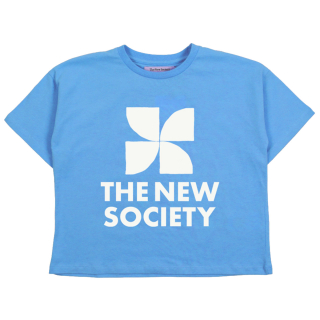 The New Society T-shirt blauw met wit The New Society logo op de borst, korte mouwen en ronde hals – comfortabel katoenen shirt.