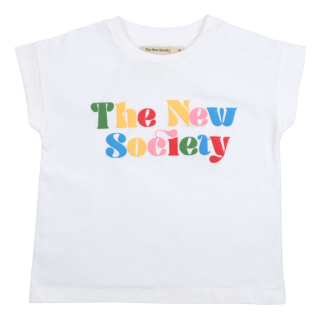 The New Society T-shirt creme met blauw rood multicolor logo en ronde hals