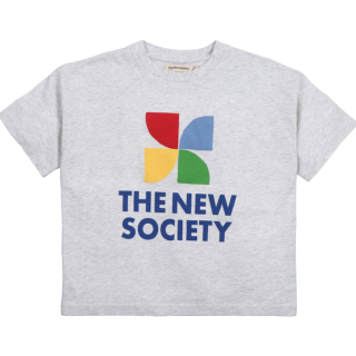The New Society T-shirt lichtgrijs melange met multicolor logo in rood blauw geel groen en donkerblauwe tekstprint – comfortabel katoenen shirt.