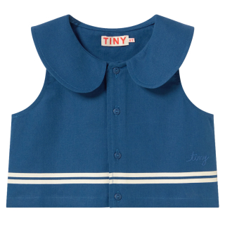 Blauw cropped meisjes top van Tiny Cottons met creme strepen en ronde kraag, vooraanzicht.