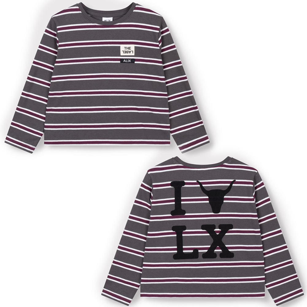 Alix Mini I Love LX Bull gestreepte longsleeve grijs met voor- en achterkant

