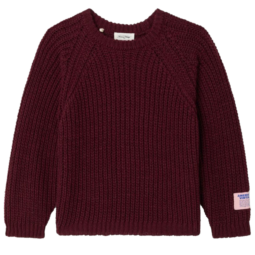 American Vintage gebreide trui Bordeaux Chine met ronde hals en grove ribstructuur
